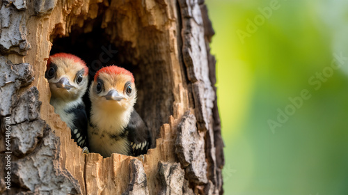 Curious three cute baby Woodpeckers peeking behind a tree trunk