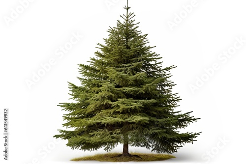 Big green fir tree isolated on white background. Tall natural christmas tree cut out