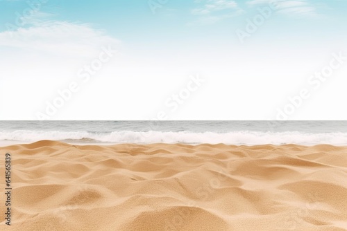 Empty sand beach in front of summer sea background with copy space, Generative AI