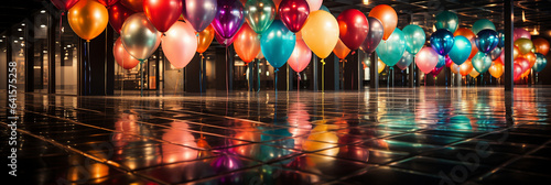 Viele fliegende bunte Luftballons im Saal im Querformat als Banner, ai generativ