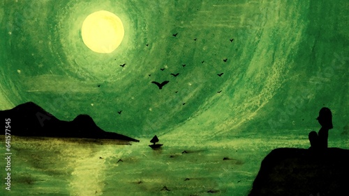 Chalk-painted artistic backdrop of a night landscape with people sitting on rocks and moon, sea, birds, and gold scenes in glittering green tones.