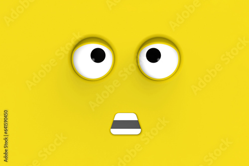 Yellow face of cute character. Cute face. stupid face. emotion surprise. Horizontal image. Surprised face. 3D image. 3D rendering.