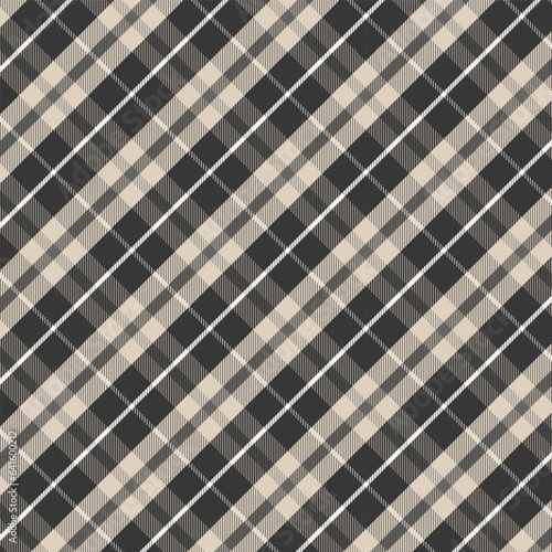 Seamless diagonal plaid and checkered patterns in black brown and white for textile design. Tartan plaid pattern with a cross-shaped background for a fabric print. Vector illustration.