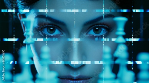 A woman with striking blue eyes against a futuristic backdrop