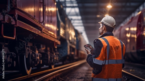 A man in an orange safety vest standing next to a train