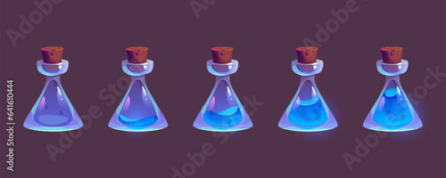 Glass bottles with blue magic elixir isolated on background. Vector cartoon illustration of corked alchemy lab flasks, empty or filled with neon liquid substance, water, medicine, poison antidote