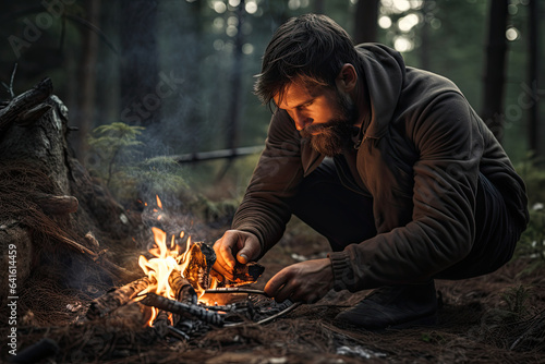 Portrait of a Man Kindling a Fire in the Wilderness.