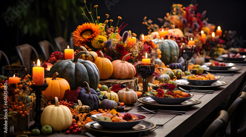 Autumn table setting with pumpkins, grapes, cheese and wine for halloween and thanksgiving