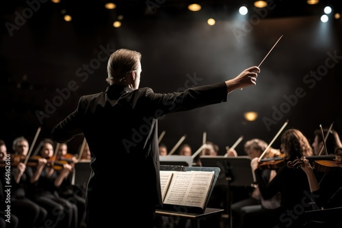 This is a scene of a conductor leading an orchestra on stage.Generative AI