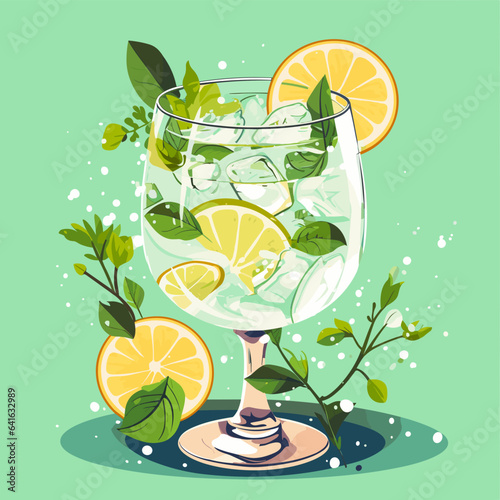 Classic alcoholic cocktail gin and tonic in glass. Refreshing drink with lime orange and ice. Vector