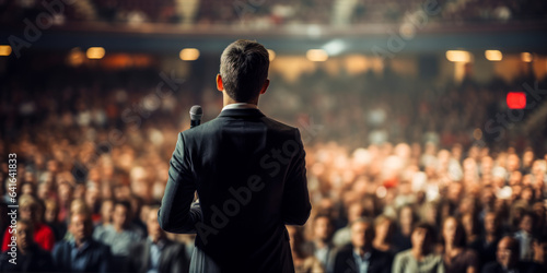 Back View of Motivational Speaker on Stage, Addressing Audience at Conference