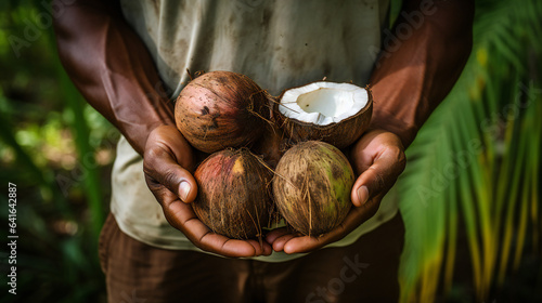 Close-up partial view of a farmer holding organic coconut fruit. Generative AI. 
