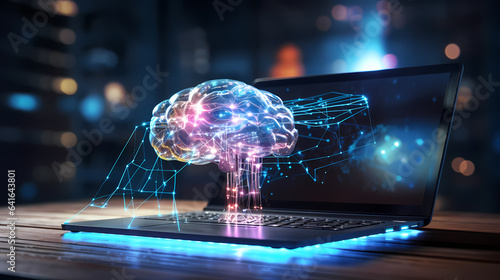 A smart artificial intelligence concept shows a hologram of the human brain against the background of a contemporary laptop.