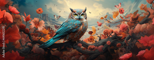 owl on a beautiful background with flowers, vintage illustration, legal AI