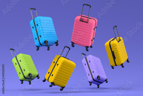 Colorful suitcase flying on violet background. 3D render of summer vacation