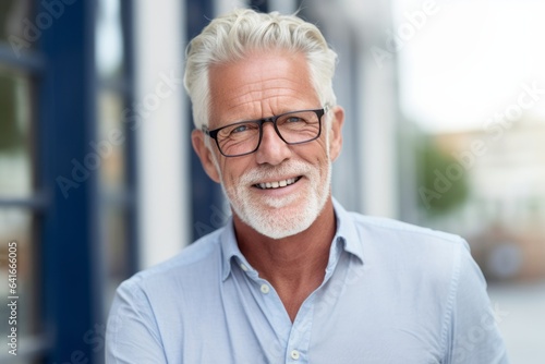 Close-up portrait photography of a glad mature man talking on the phone against a pastel or soft colors background. With generative AI technology