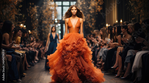 A runway filled with models showcasing the latest trends in haute couture at a glamorous September Fashion Week event 