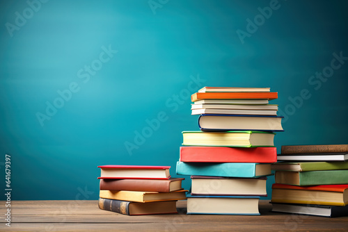 A colorful stack of textbooks on a desk background with empty space for text representing back-to-school themes 