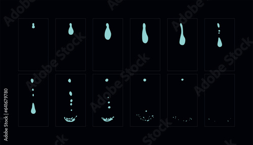 Water drooping animation. Cartoon water droop fx frame. Raindrop classic animated effect.