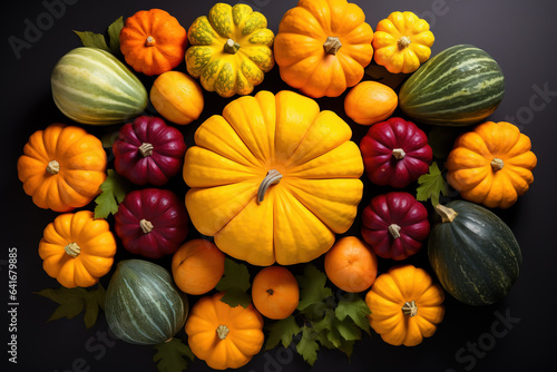 Colorful pumpkins arranged in a circle symbolize the autumn equinox a time of harvest and balance 