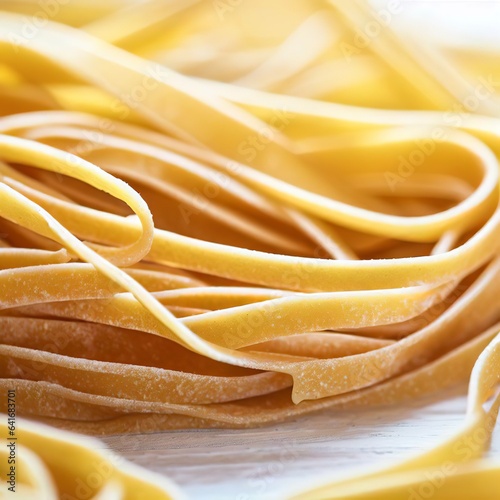 Close up of a raw dry italian pasta fettuccine on white wooden table