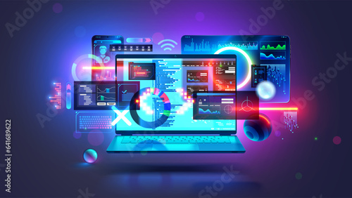 Software development technology. App programming on laptop for mobile phone, tablet. Program code interface dev on screen laptop, phone, tablet. Software developer laptop connected with phone, tablet