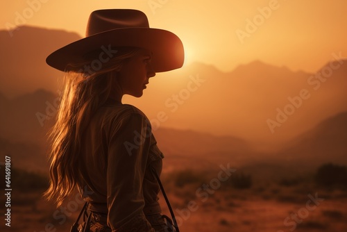 Silhouette of a cowgirl wearing a hat western movie cover art