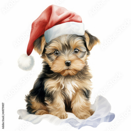 Cute yorkshire terrier puppy dog with christmas santa hat on white background