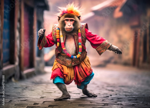 Behold a lively monkey donning a vibrant costume, capturing hearts as it dances exuberantly in a burst of colors