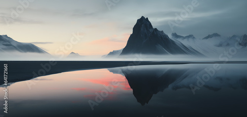Landscape of mountains and a peaceful lake in late sunset light. Image inspired by Iceland.