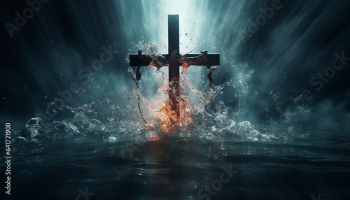 A symbol of power and spirituality, a cross emerges from water, accompanied by ethereal blue flames that illuminate its profound significance.