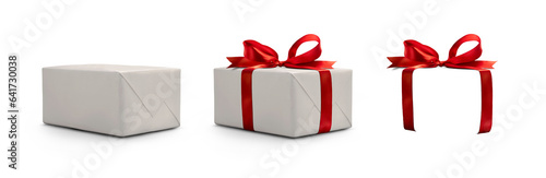 A side view of a wrapped Christmas present with a red bow made from ribbon isolated against a transparent background with spare ribbon to the right.