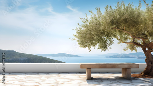 Concrete bench on summer white stone terrace and olive tree. Sunny landscape based on the coast of Greece. 