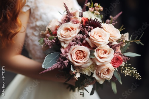 Wedding bouquet of roses in the hands of the bride. Wedding concept with copy space.