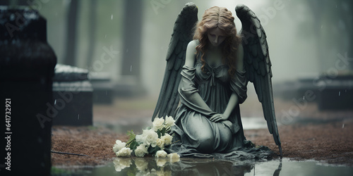More than 100 years old statue. cemetery located in north italy, Angel weeping at gravestone, picture of statue in park Sad Holy angel architecture, generative AI