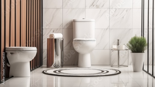 Modern toilet room interior, Classic white ceramic toilet bowl with water tank and opened seat lid.