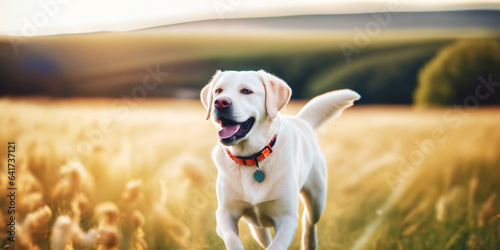immagine primo piano di cane razza Labrador che corre felice in un campo dai colori dorati