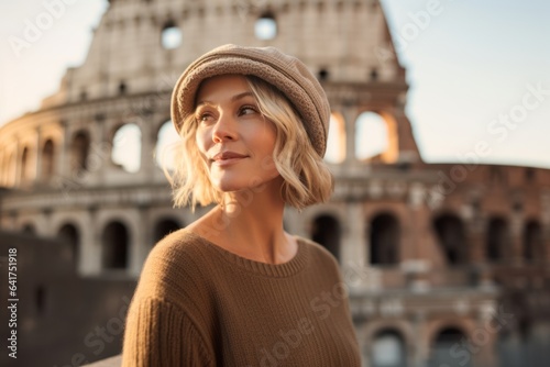 Lifestyle portrait photography of a blissful girl in her 40s wearing a stylish beret against the colosseum in rome italy. With generative AI technology