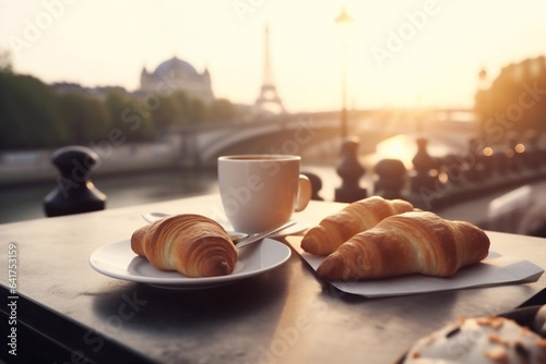 france drink croissant paris bar food breakfast french cup table. Generative AI.