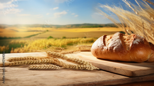 Freshly baked bread on the table with elements of grain against the background of a sunny day field, bread or bakery advertisement.generative ai 