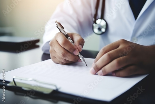 The hands of a male doctor write a prescription to a patient.