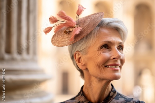 Headshot portrait photography of a blissful mature woman wearing a fancy fascinator at the st. With generative AI technology