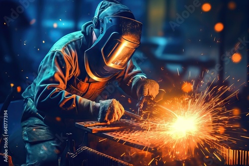 metal worker welder working with arc welding machine in factory while wearing safety equipment.