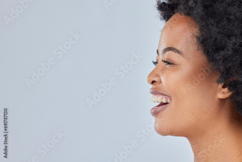 Mockup, natural and happy black woman with beauty skincare isolated in a studio gray background space. Skin, African and headshot of confident young person with healthy dermatology cosmetic care