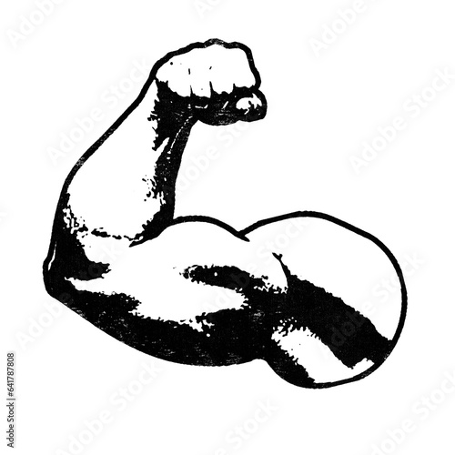 Strong arm flexing biceps retro stencil illustration stamp in distressed grunge style isolated on transparent background