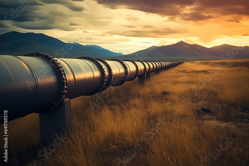 Oil pipeline running through a field towards a mountain in the distance.
