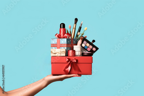 light blue background with a hand holding makeup cosmetics and a gift box