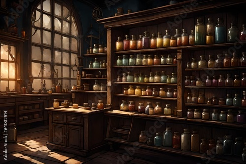 A vintage, dimly lit apothecary shop, its shelves lined with jars of mysterious potions and spell books.
