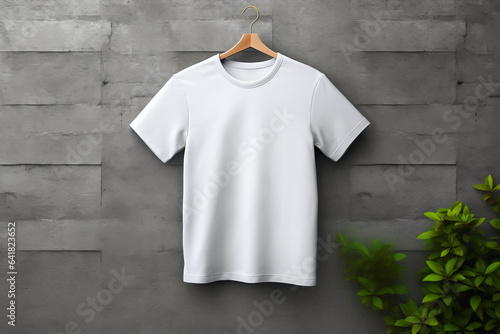 Top view of white t-shirt on wooden background. illustration of mockup clothes