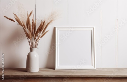 Elegant home interior decor still life photo. Vase with dry reed, grass on old wooden bench. Blank white picture frame mockup. Wall moulding background, trim decor. Empty copy space. Generative AI